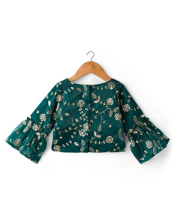 Babyhug Woven Half Sleeves Choli Lehenga & Dupatta Set With Floral Sequin Embriodery - Teal Blue