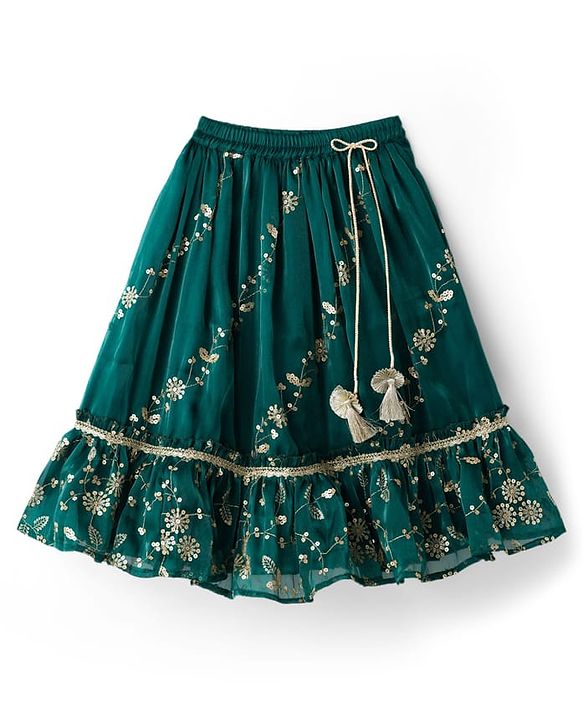 Babyhug Woven Half Sleeves Choli Lehenga & Dupatta Set With Floral Sequin Embriodery - Teal Blue