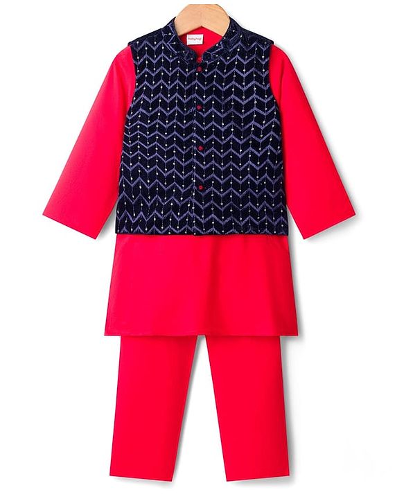 Babyhug Rayon Woven Full Sleeves Kurta Pajama Set With Velvet Embroidered Jacket - Red