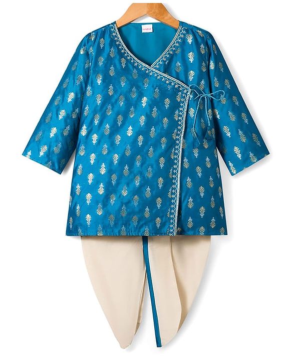 Babyhug Brocade Woven Full Sleeves Kurta Dhoti Set with Floral Foil Print - Royal Blue & White