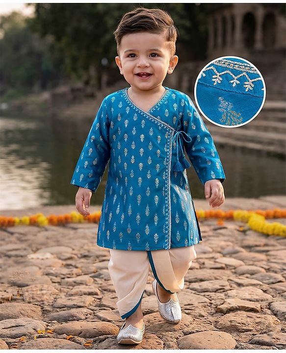 Babyhug Brocade Woven Full Sleeves Kurta Dhoti Set with Floral Foil Print - Royal Blue & White