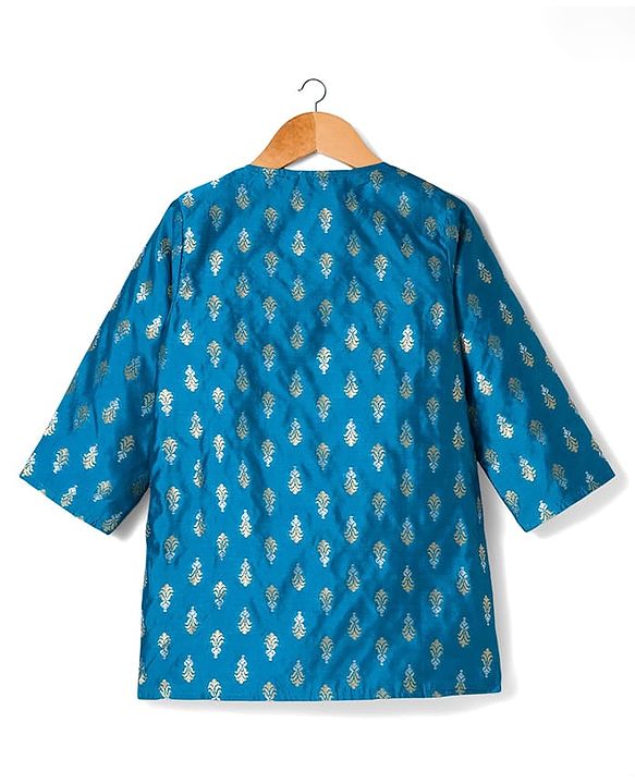 Babyhug Brocade Woven Full Sleeves Kurta Dhoti Set with Floral Foil Print - Royal Blue & White