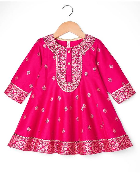 Babyhug Woven Full Sleeves Kurti Palazzo & Dupatta Set with Floral Foil Print & Embroidery - Fuchsia