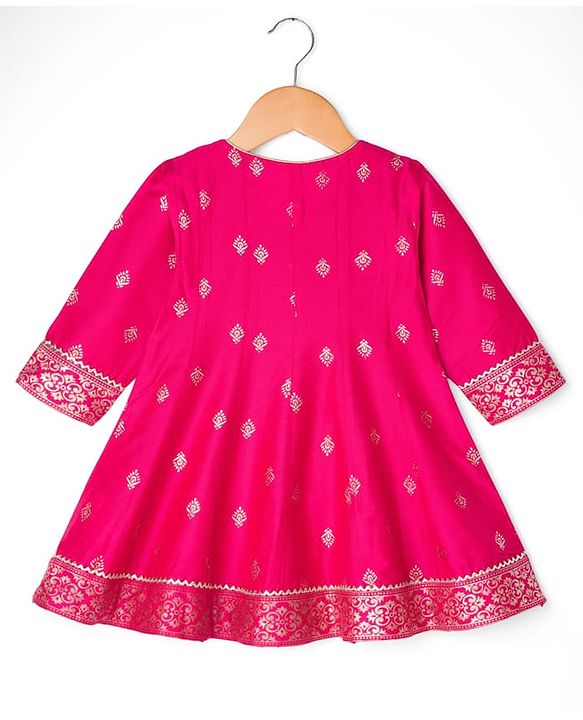 Babyhug Woven Full Sleeves Kurti Palazzo & Dupatta Set with Floral Foil Print & Embroidery - Fuchsia