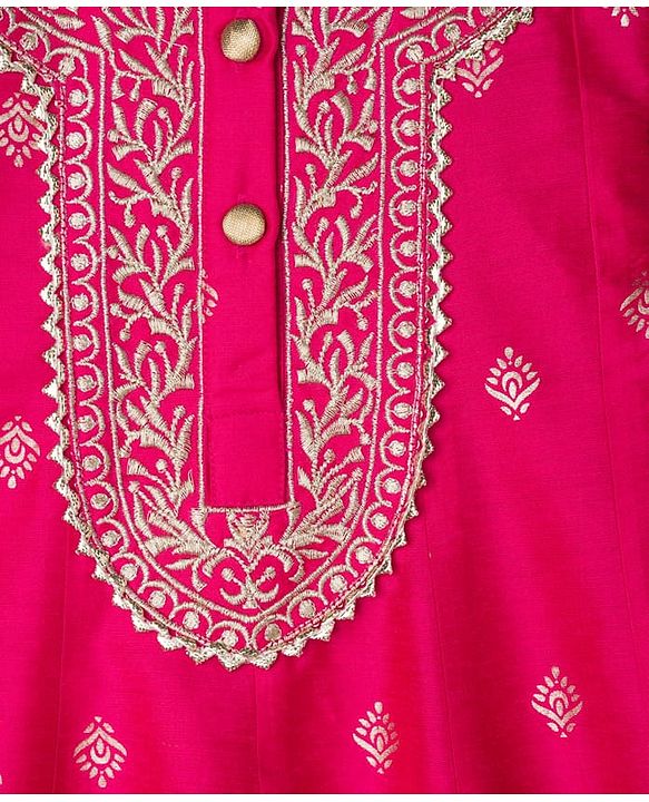 Babyhug Woven Full Sleeves Kurti Palazzo & Dupatta Set with Floral Foil Print & Embroidery - Fuchsia