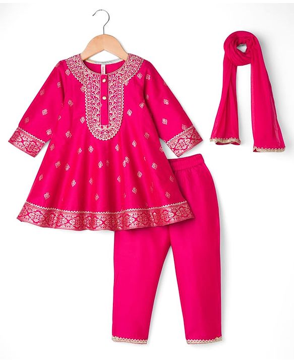 Babyhug Woven Full Sleeves Kurti Palazzo & Dupatta Set with Floral Foil Print & Embroidery - Fuchsia