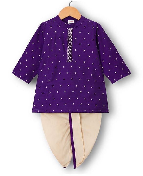 Babyhug Cotton Blend Woven Full Sleeves Kurta Dhoti Set With Foil Print - Purple & White