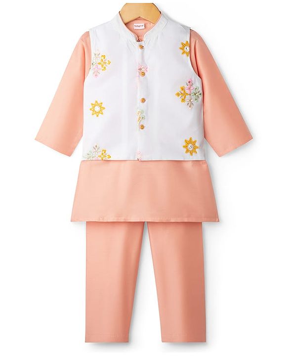 Babyhug Rayon Woven Full Sleeves Kurta Pajama & Jacket Set With Floral Embroidery - Peach