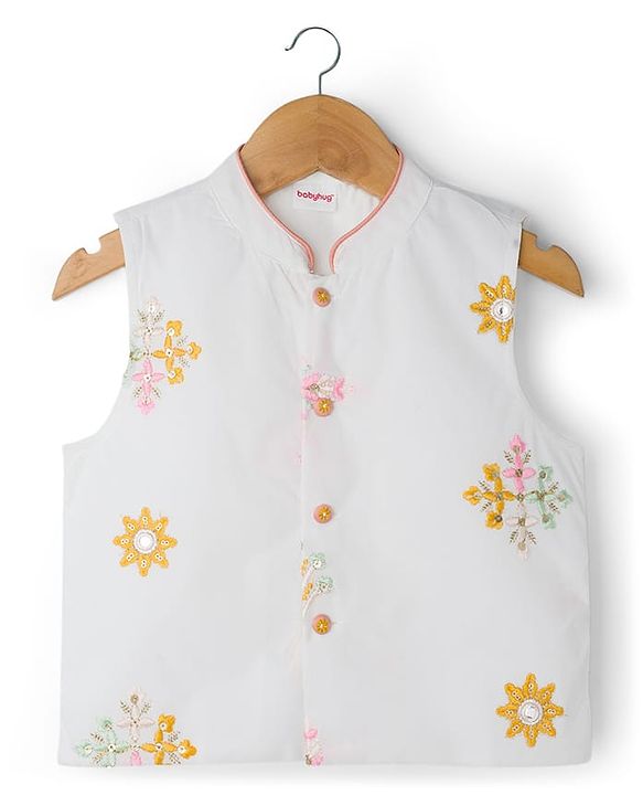 Babyhug Rayon Woven Full Sleeves Kurta Pajama & Jacket Set With Floral Embroidery - Peach