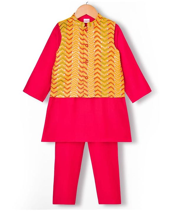 Babyhug Rayon Woven Full Sleeves Kurta Pajama Set with  Embroidered Nehru Jacket - Red & Yellow