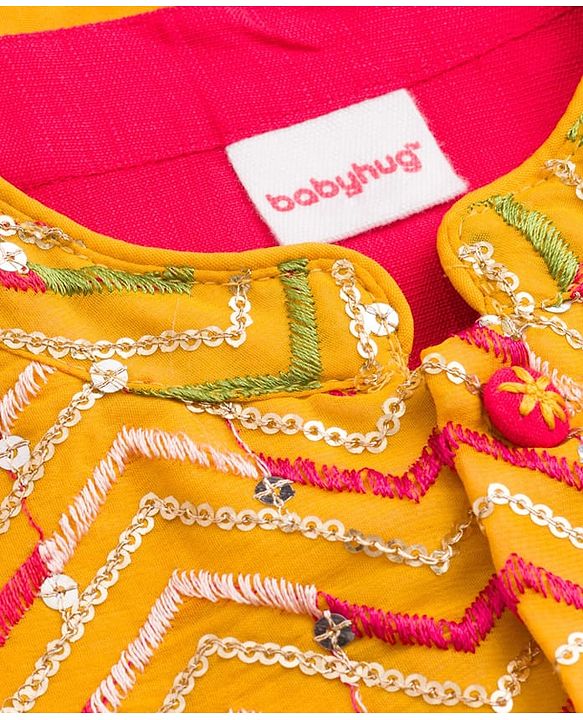 Babyhug Rayon Woven Full Sleeves Kurta Pajama Set with  Embroidered Nehru Jacket - Red & Yellow