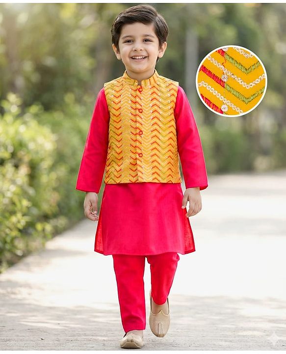 Babyhug Rayon Woven Full Sleeves Kurta Pajama Set with  Embroidered Nehru Jacket - Red & Yellow