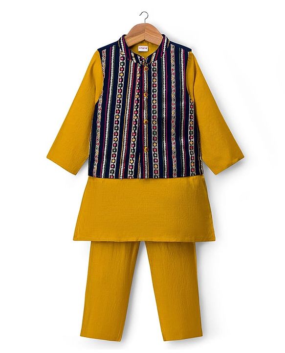 Babyhug Rayon Woven Full Sleeves Solid Kurta Payjama Set with Embroidered Jacket - Navy