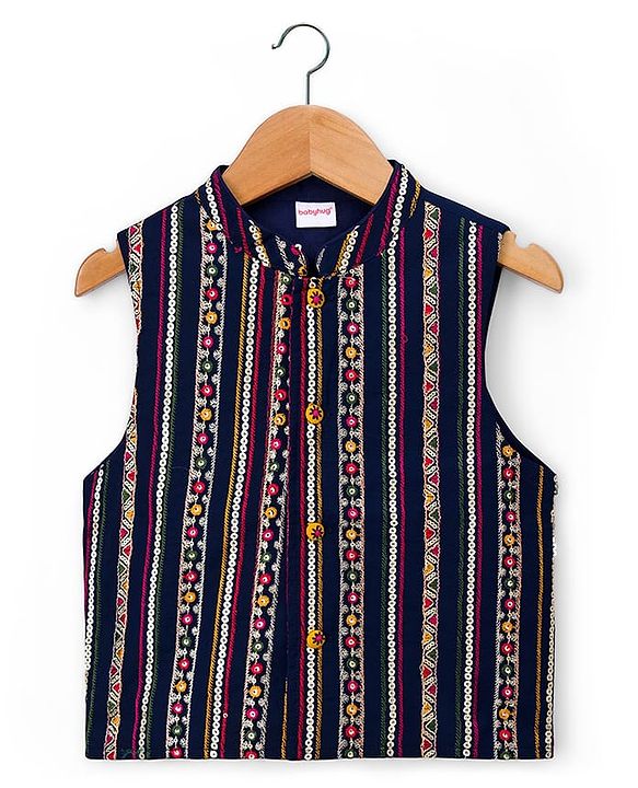 Babyhug Rayon Woven Full Sleeves Solid Kurta Payjama Set with Embroidered Jacket - Navy