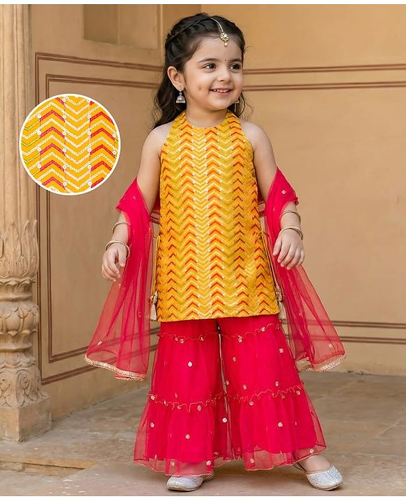 Babyhug Georgette Woven Sleeveless Halter Neck Kurti Palazzo  & Dupatta Set With Sequin Embriodery - Yellow & Red