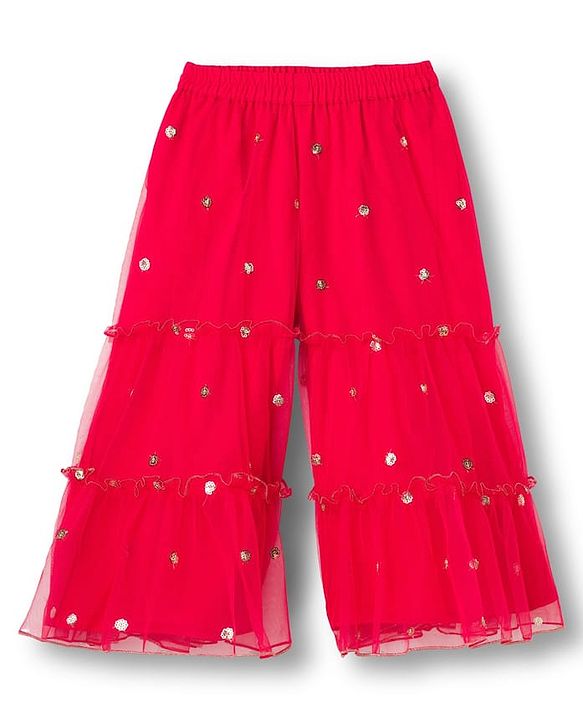 Babyhug Georgette Woven Sleeveless Halter Neck Kurti Palazzo  & Dupatta Set With Sequin Embriodery - Yellow & Red