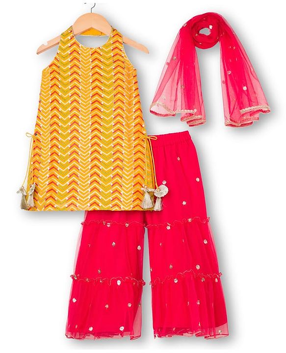 Babyhug Georgette Woven Sleeveless Halter Neck Kurti Palazzo  & Dupatta Set With Sequin Embriodery - Yellow & Red