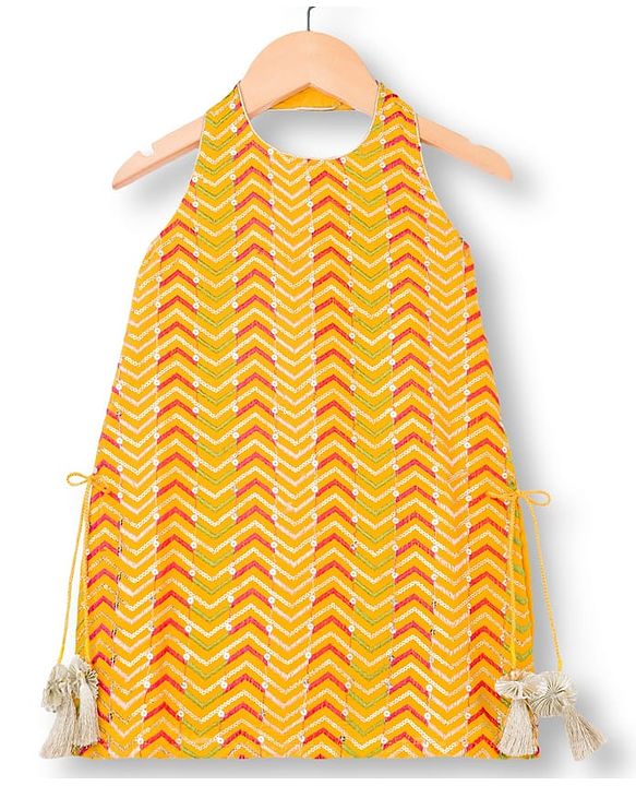 Babyhug Georgette Woven Sleeveless Halter Neck Kurti Palazzo  & Dupatta Set With Sequin Embriodery - Yellow & Red