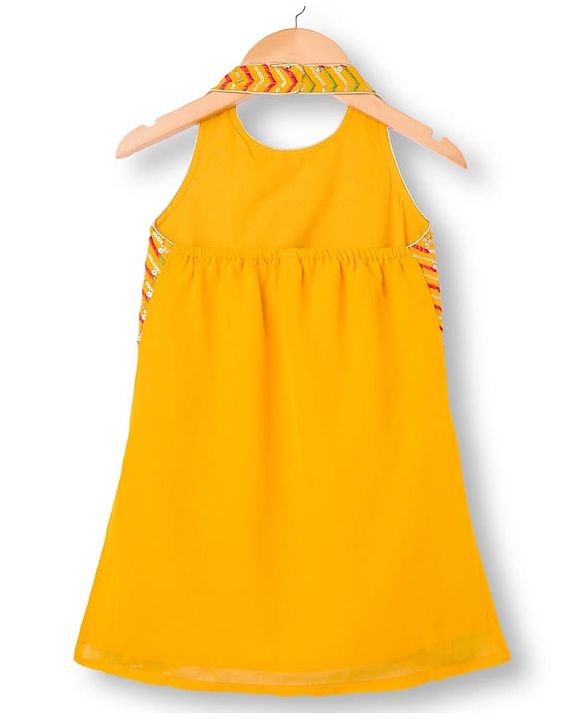 Babyhug Georgette Woven Sleeveless Halter Neck Kurti Palazzo  & Dupatta Set With Sequin Embriodery - Yellow & Red