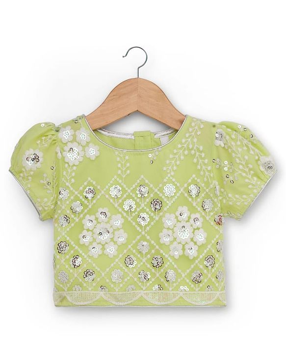 Babyhug Georgette Woven Puffed Sleeves Sequinned Floral Designed Choli Lahenga Set with Dupatta- Light Green