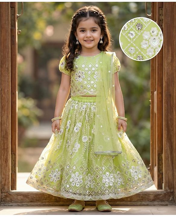 Babyhug Georgette Woven Puffed Sleeves Sequinned Floral Designed Choli Lahenga Set with Dupatta- Light Green