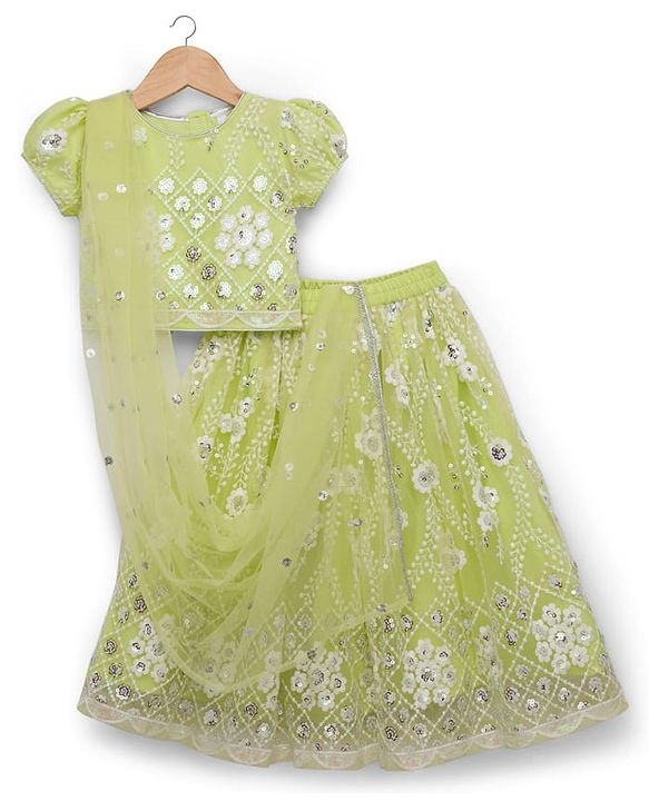 Babyhug Georgette Woven Puffed Sleeves Sequinned Floral Designed Choli Lahenga Set with Dupatta- Light Green