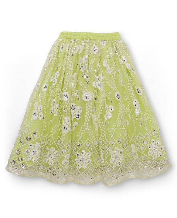 Babyhug Georgette Woven Puffed Sleeves Sequinned Floral Designed Choli Lahenga Set with Dupatta- Light Green