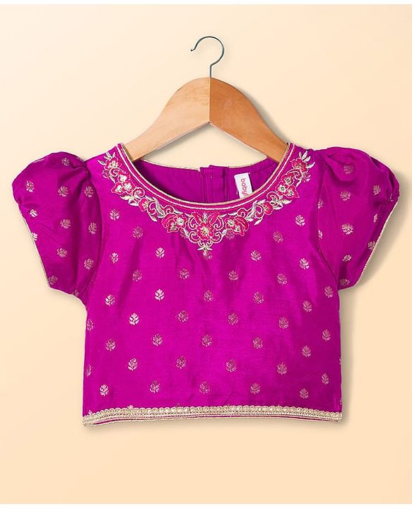 Babyhug Brocade Woven Half Sleeves Choli Lehenga & Dupatta Set With Floral Print & Embriodery - Fuschia