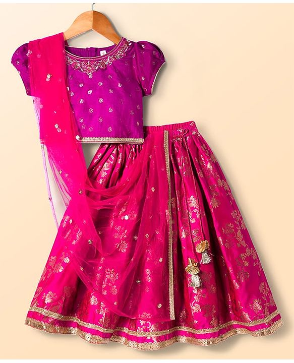 Babyhug Brocade Woven Half Sleeves Choli Lehenga & Dupatta Set With Floral Print & Embriodery - Fuschia
