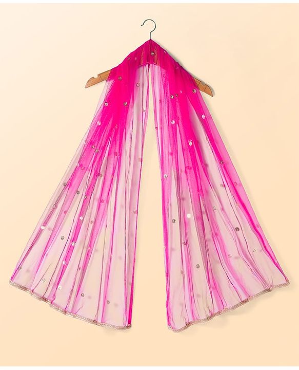 Babyhug Brocade Woven Half Sleeves Choli Lehenga & Dupatta Set With Floral Print & Embriodery - Fuschia