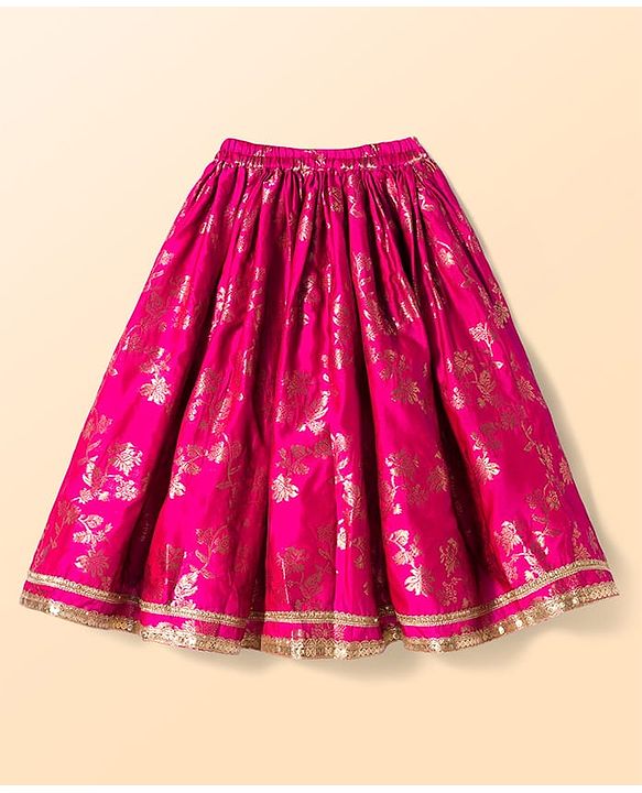 Babyhug Brocade Woven Half Sleeves Choli Lehenga & Dupatta Set With Floral Print & Embriodery - Fuschia