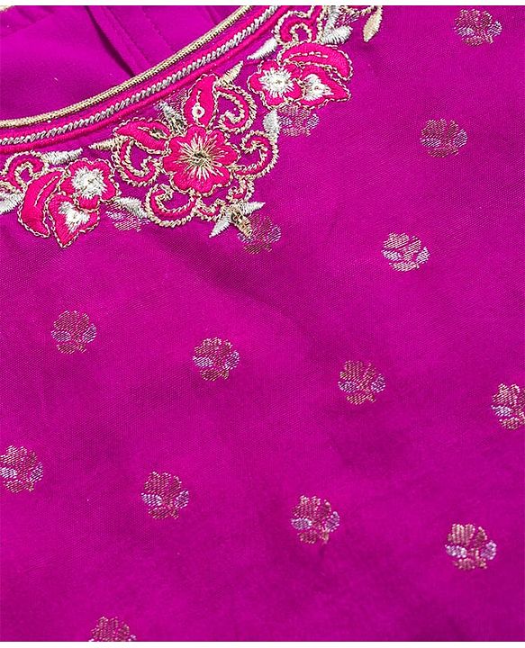 Babyhug Brocade Woven Half Sleeves Choli Lehenga & Dupatta Set With Floral Print & Embriodery - Fuschia