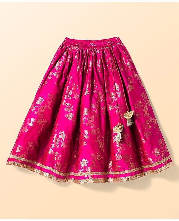 Babyhug Brocade Woven Half Sleeves Choli Lehenga & Dupatta Set With Floral Print & Embriodery - Fuschia