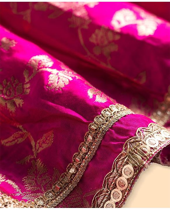 Babyhug Brocade Woven Half Sleeves Choli Lehenga & Dupatta Set With Floral Print & Embriodery - Fuschia