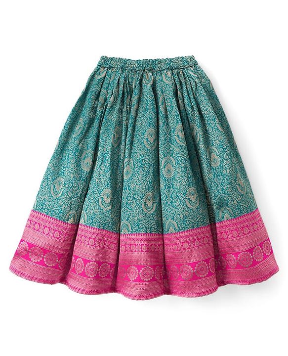 Babyhug Brocade Woven Half Sleeves Pattu Pavda Choli Lehenga & Dupatta Set With Floral Foil Print - Teal Blue