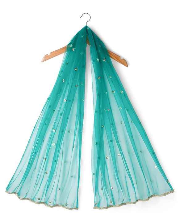 Babyhug Brocade Woven Half Sleeves Pattu Pavda Choli Lehenga & Dupatta Set With Floral Foil Print - Teal Blue