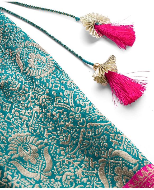 Babyhug Brocade Woven Half Sleeves Pattu Pavda Choli Lehenga & Dupatta Set With Floral Foil Print - Teal Blue