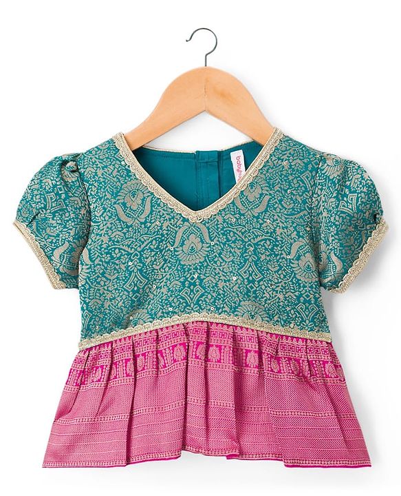 Babyhug Brocade Woven Half Sleeves Pattu Pavda Choli Lehenga & Dupatta Set With Floral Foil Print - Teal Blue