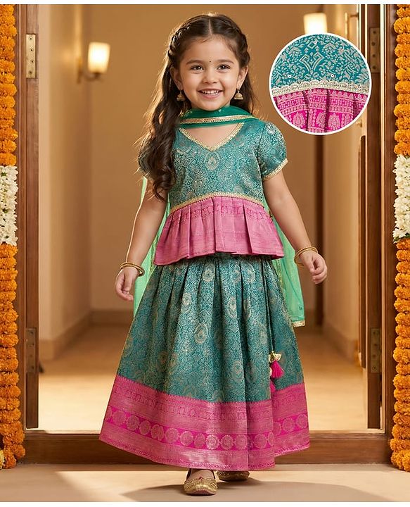 Babyhug Brocade Woven Half Sleeves Pattu Pavda Choli Lehenga & Dupatta Set With Floral Foil Print - Teal Blue
