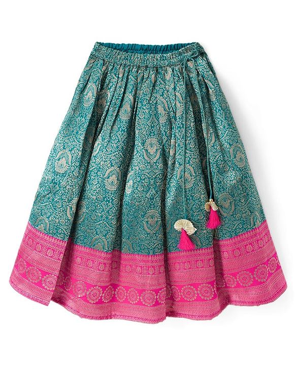 Babyhug Brocade Woven Half Sleeves Pattu Pavda Choli Lehenga & Dupatta Set With Floral Foil Print - Teal Blue