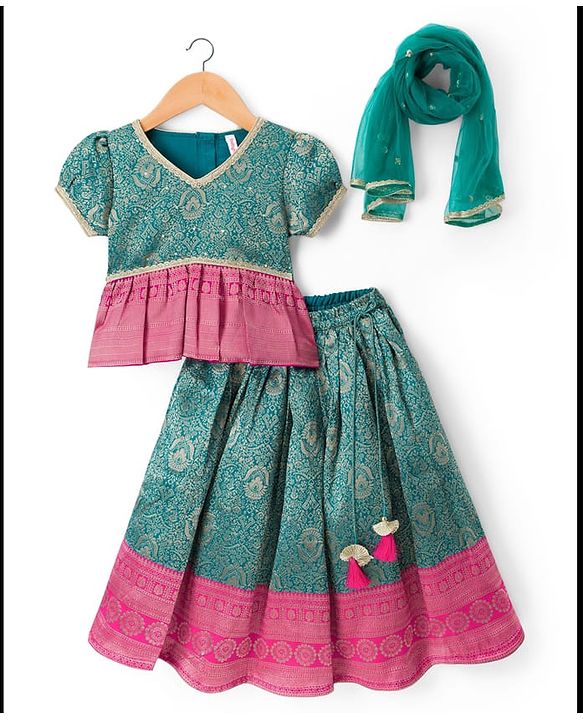 Babyhug Brocade Woven Half Sleeves Pattu Pavda Choli Lehenga & Dupatta Set With Floral Foil Print - Teal Blue