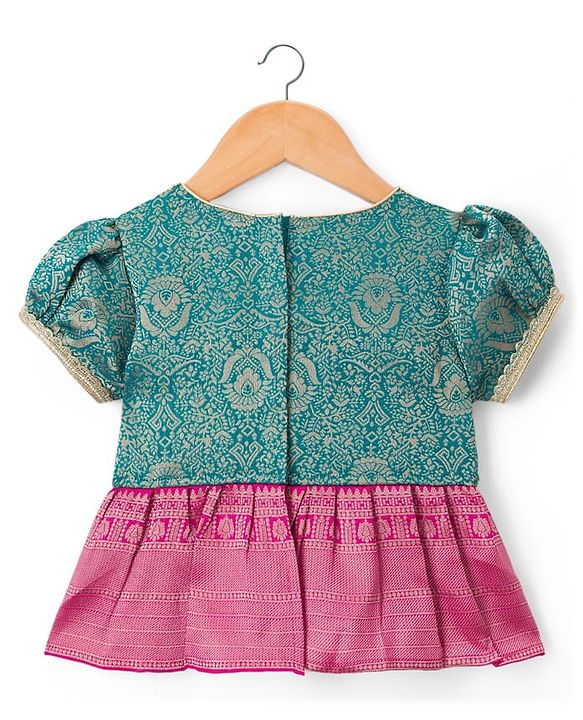 Babyhug Brocade Woven Half Sleeves Pattu Pavda Choli Lehenga & Dupatta Set With Floral Foil Print - Teal Blue