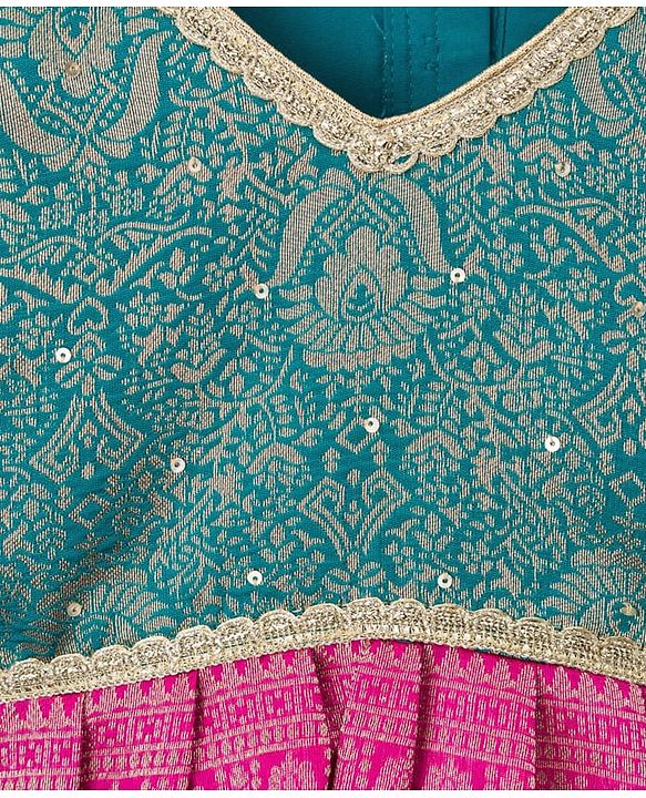 Babyhug Brocade Woven Half Sleeves Pattu Pavda Choli Lehenga & Dupatta Set With Floral Foil Print - Teal Blue