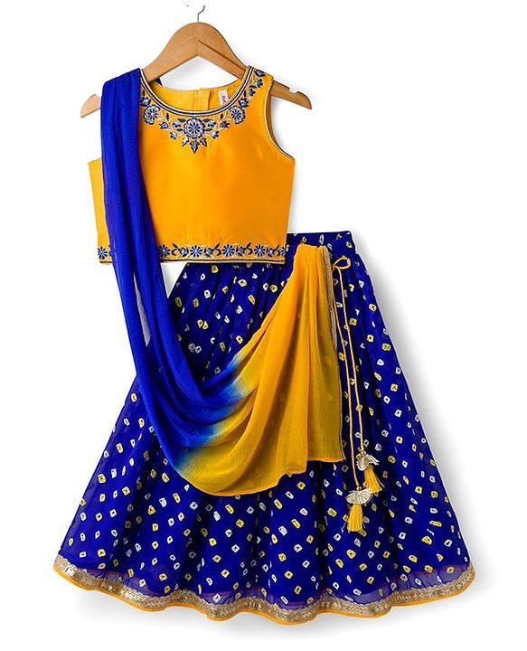 Babyhug Georgette Woven Sleeveless Brocade Choli & Bandhani Printed Lehenga with  Dupatta - Blue & Mustard