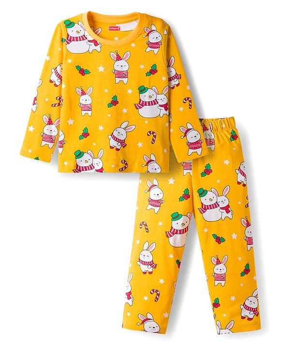 Babyhug Cotton Knit Full Sleeves Co-ords Night Suit With Animal Print - Yellow