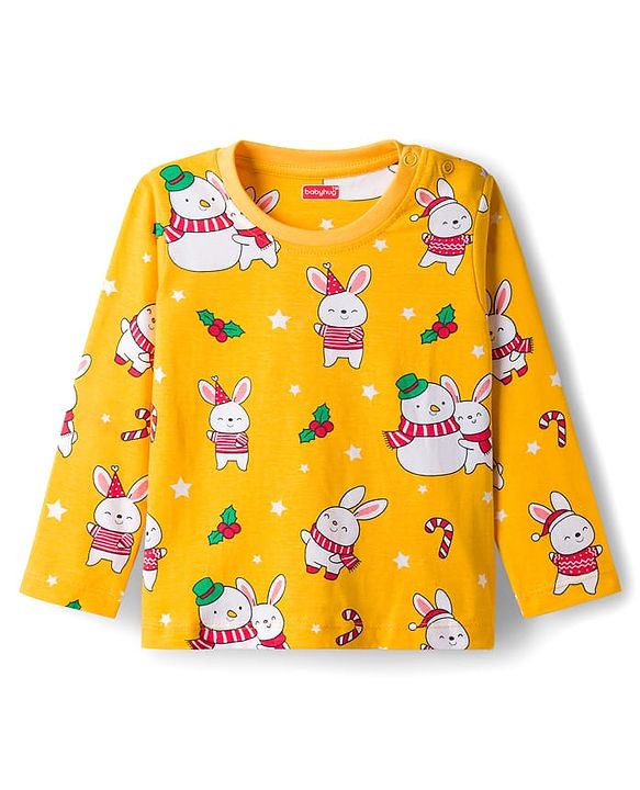 Babyhug Cotton Knit Full Sleeves Co-ords Night Suit With Animal Print - Yellow