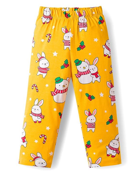 Babyhug Cotton Knit Full Sleeves Co-ords Night Suit With Animal Print - Yellow