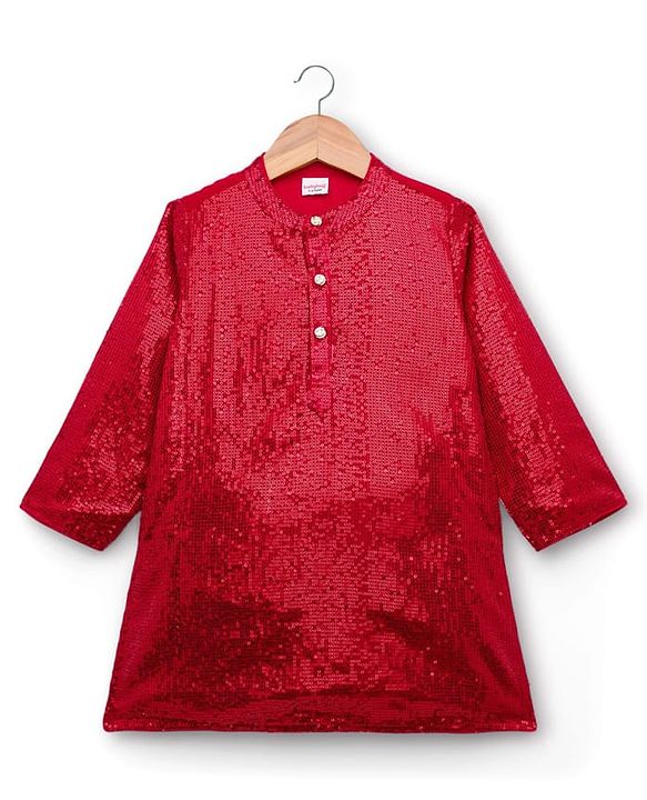 Babyhug Georgette Woven Full Sleeves Kurta Pajama Set with Sequin Detailing - Red