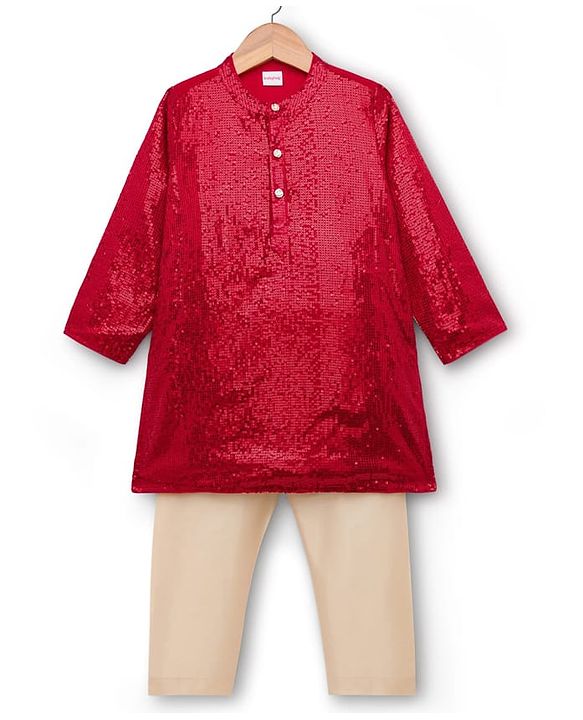 Babyhug Georgette Woven Full Sleeves Kurta Pajama Set with Sequin Detailing - Red
