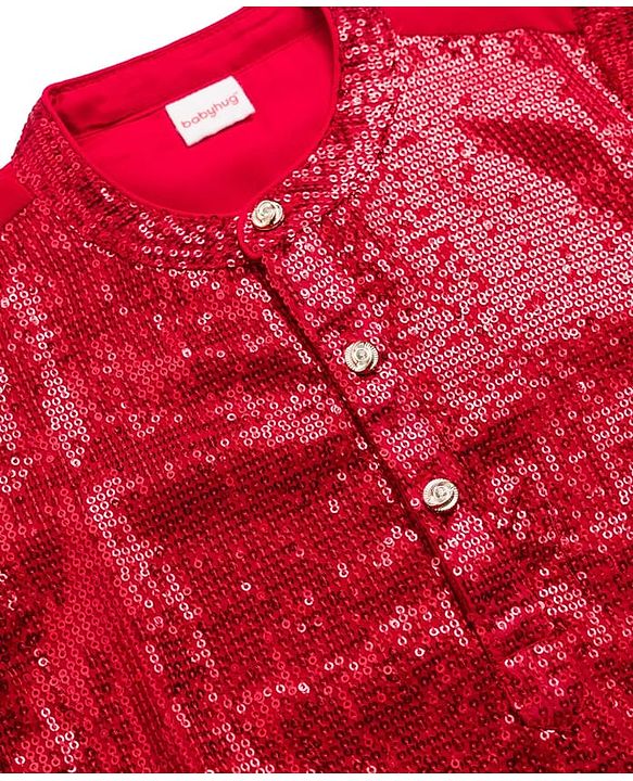 Babyhug Georgette Woven Full Sleeves Kurta Pajama Set with Sequin Detailing - Red